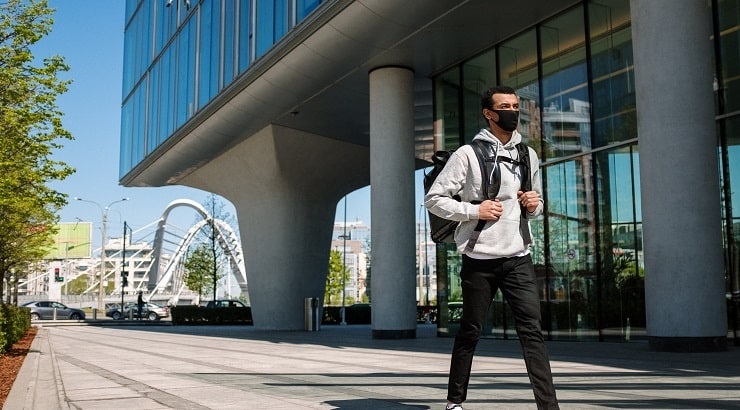 college student wearing mask on campus